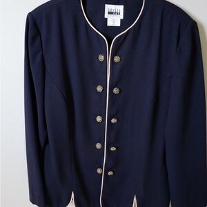 Leslie Fay Petite Navy Blazer Gold Buttons Trim Jacket 10P